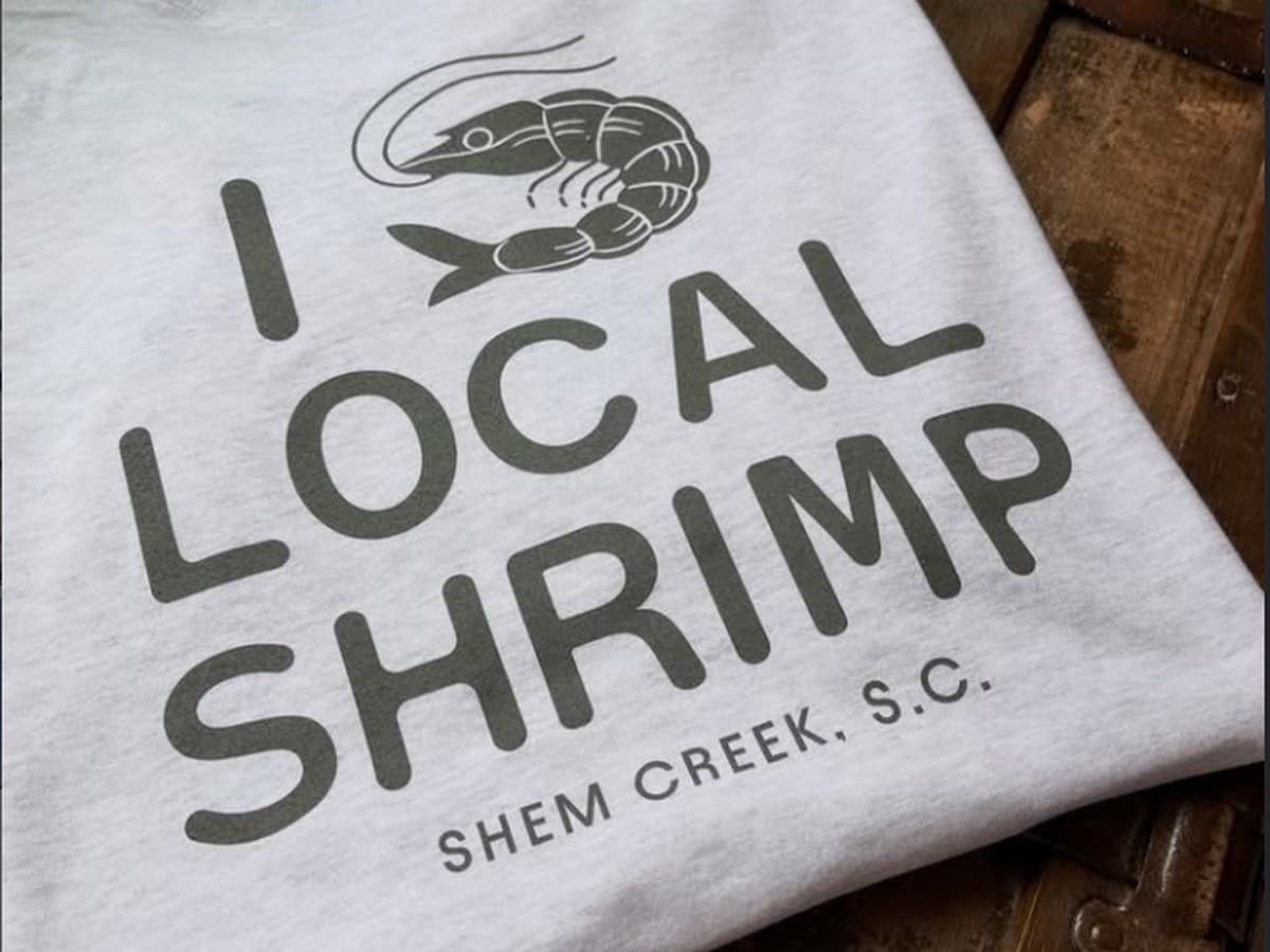 I Love Local Shrimp tee on the dock