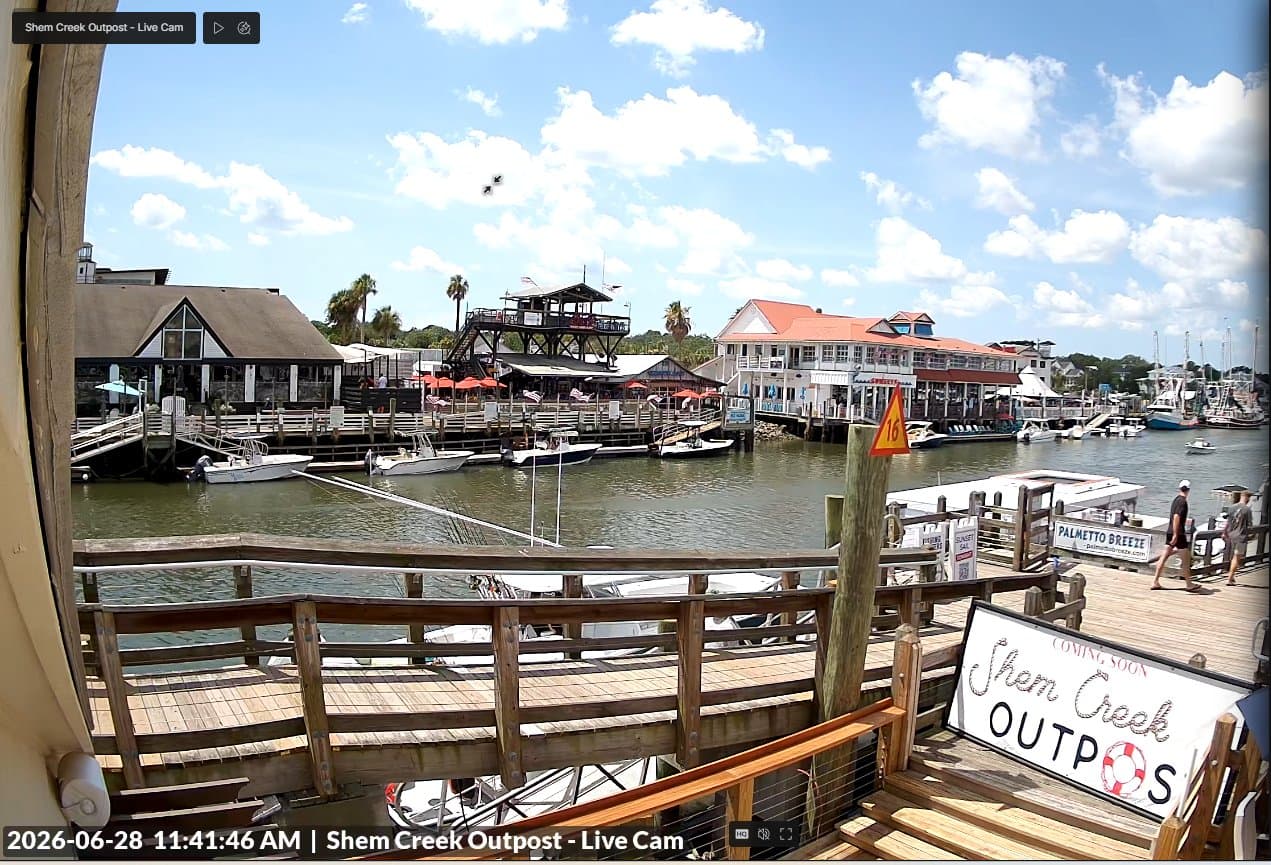 Live view of the dock at Shem Creek Outpost