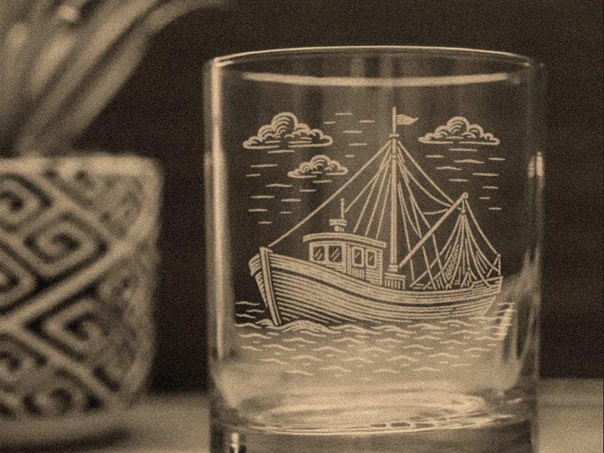 Rocks glass etched with a Shem Creek shrimp boat
