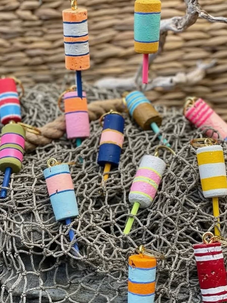 A wall of colorful shrimp-net buoys at Shem Creek