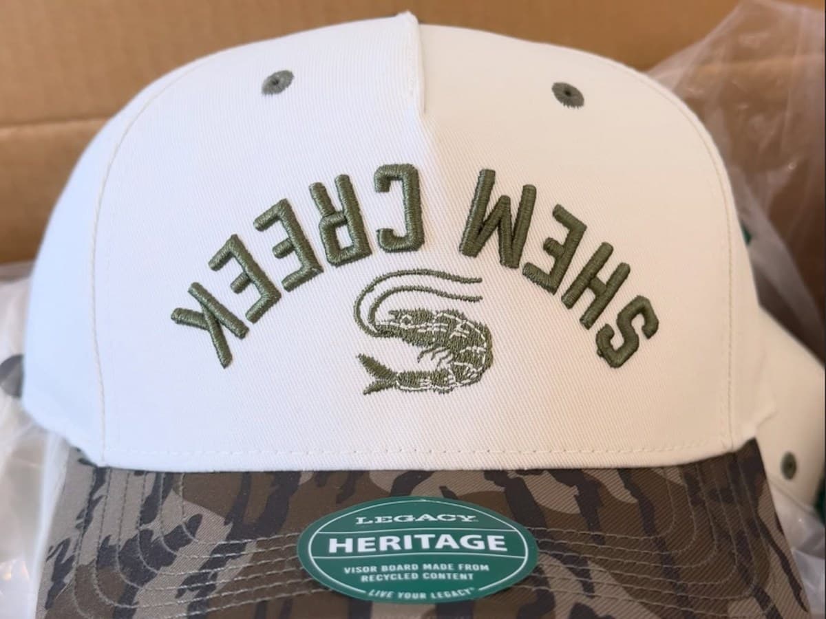 Shem Creek heritage cap with shrimp embroidery