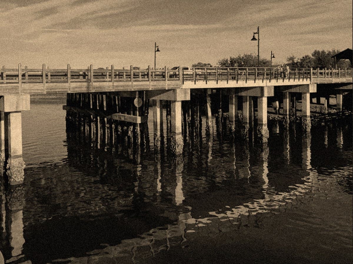 The Shem Creek bridge on its pilings over the water