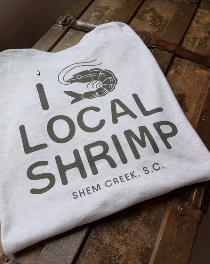 I Love Local Shrimp tee — olive print on heather white, from Shem Creek Outpost